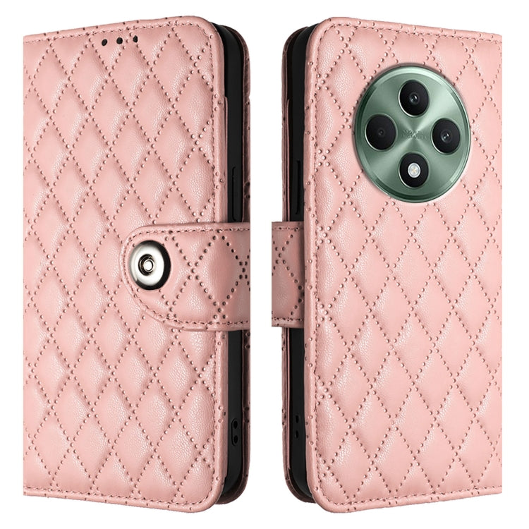 For OPPO Reno12 F 5G Global Rhombic Texture Flip Leather Phone Case with Lanyard