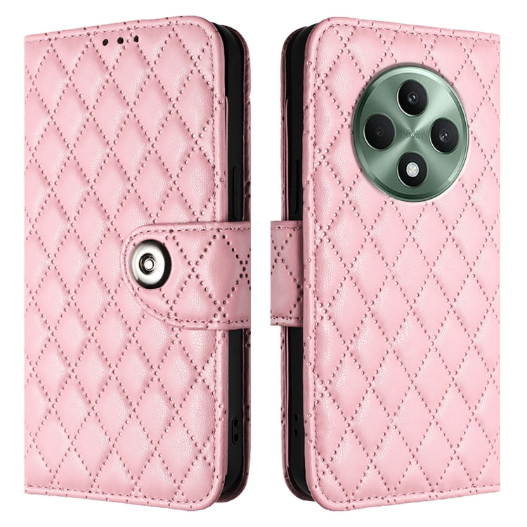 For OPPO Reno12 F 5G Global Rhombic Texture Flip Leather Phone Case with Lanyard