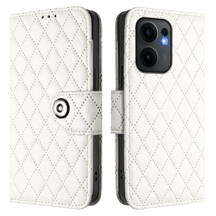 For OPPO Reno13 F 5G Global Rhombic Texture Flip Leather Phone Case with Lanyard