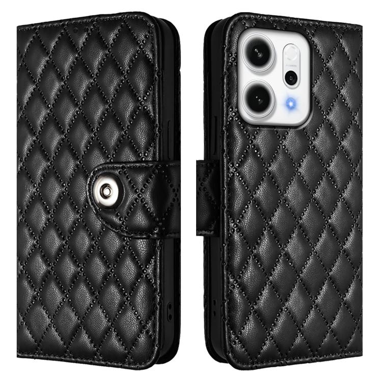 For OPPO Reno14 5G Global Rhombic Texture Flip Leather Phone Case with Lanyard