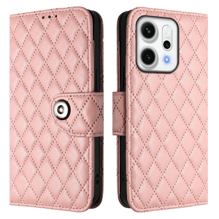 For OPPO Reno14 5G Global Rhombic Texture Flip Leather Phone Case with Lanyard