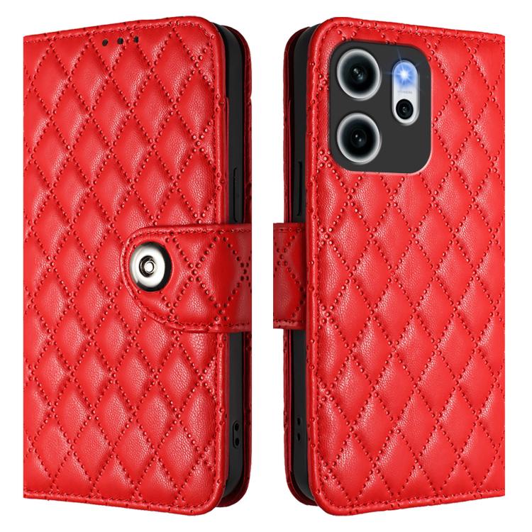 For OPPO Reno14 F 5G Rhombic Texture Flip Leather Phone Case with Lanyard