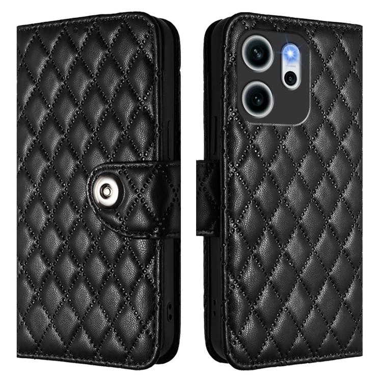 For OPPO Reno14 F 5G Rhombic Texture Flip Leather Phone Case with Lanyard