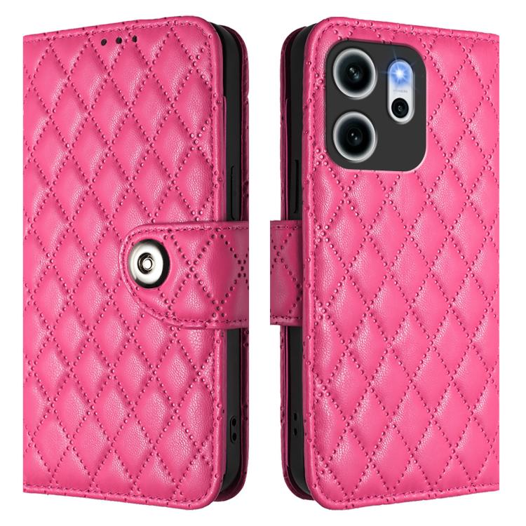 For OPPO Reno14 F 5G Rhombic Texture Flip Leather Phone Case with Lanyard
