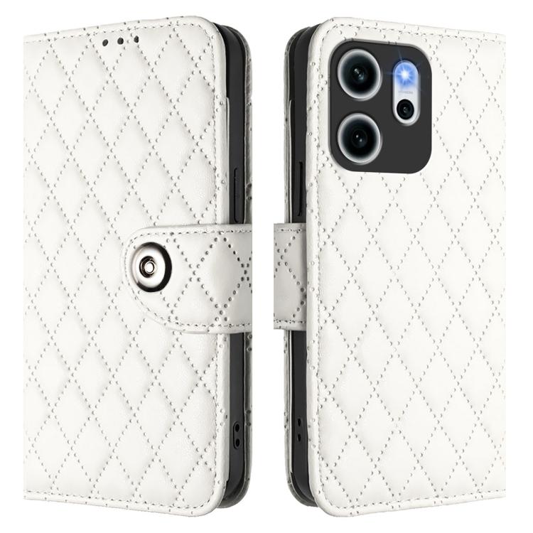 For OPPO Reno14 F 5G Rhombic Texture Flip Leather Phone Case with Lanyard