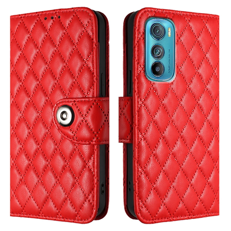 For Motorola Edge 30 Rhombic Texture Flip Leather Phone Case with Lanyard