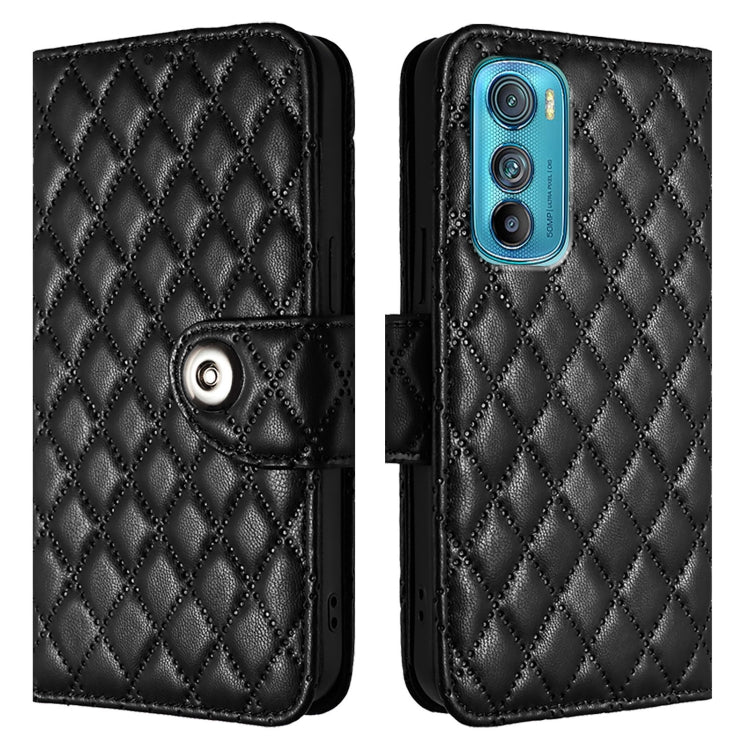 For Motorola Edge 30 Rhombic Texture Flip Leather Phone Case with Lanyard