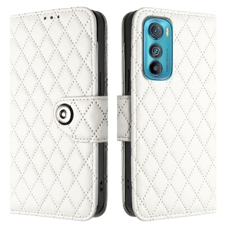 For Motorola Edge 30 Rhombic Texture Flip Leather Phone Case with Lanyard