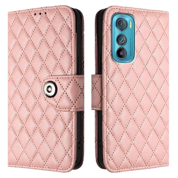 For Motorola Edge 30 Rhombic Texture Flip Leather Phone Case with Lanyard