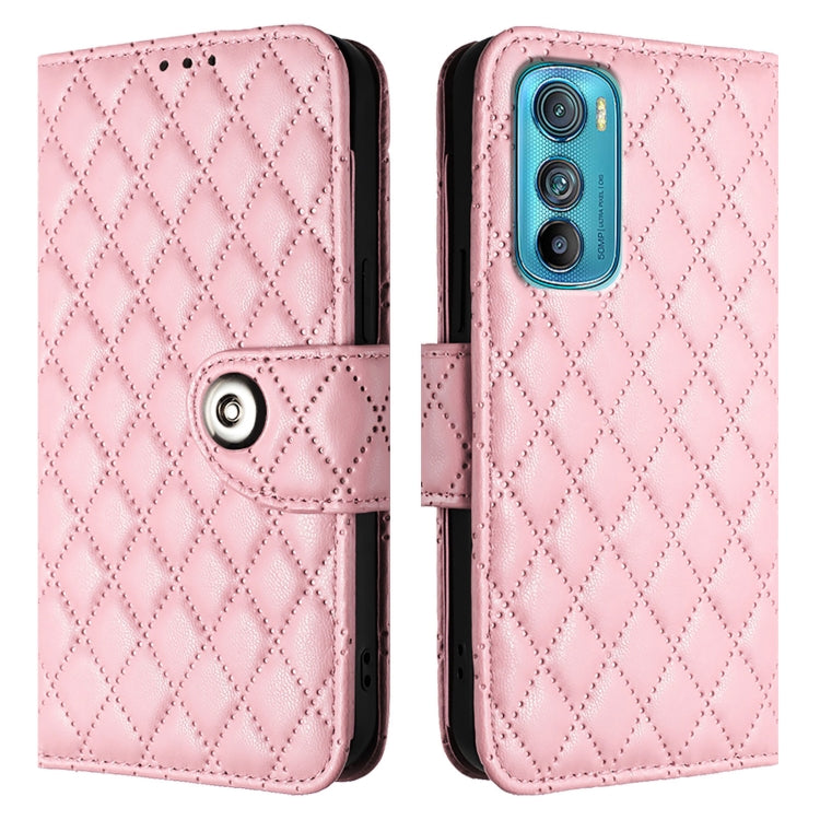 For Motorola Edge 30 Rhombic Texture Flip Leather Phone Case with Lanyard