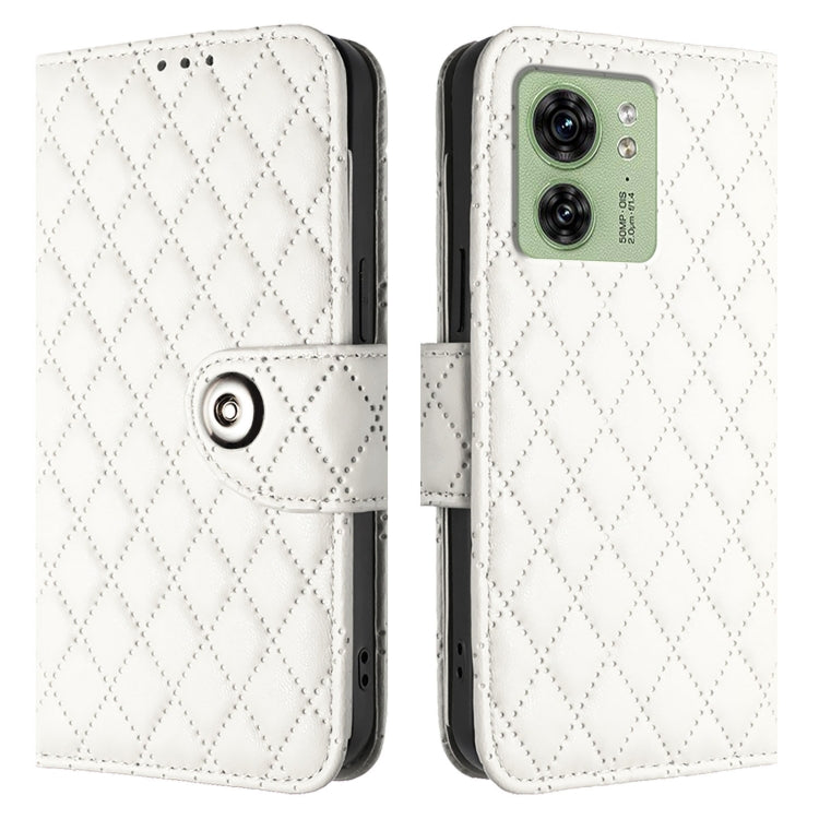 For Motorola Edge 40 Rhombic Texture Flip Leather Phone Case with Lanyard