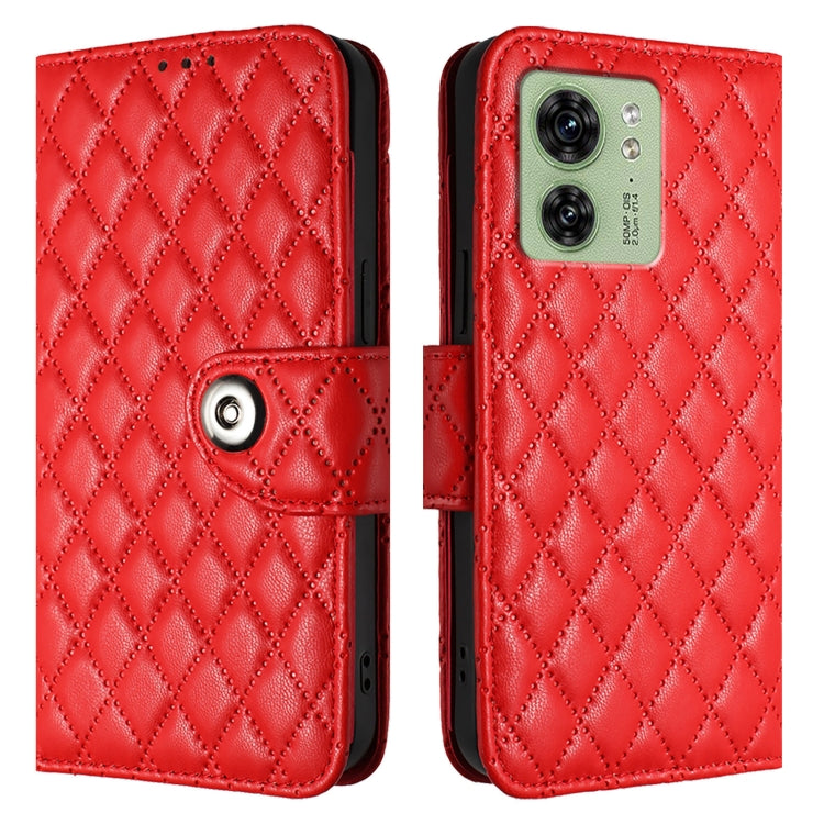 For Motorola Edge 2023 North America Rhombic Texture Flip Leather Phone Case with Lanyard