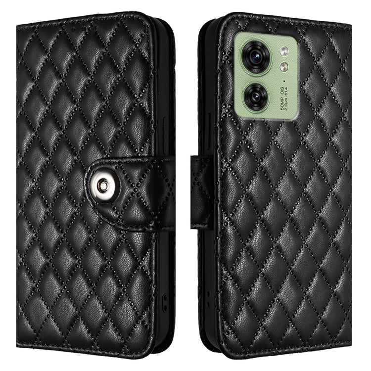 For Motorola Edge 2023 North America Rhombic Texture Flip Leather Phone Case with Lanyard