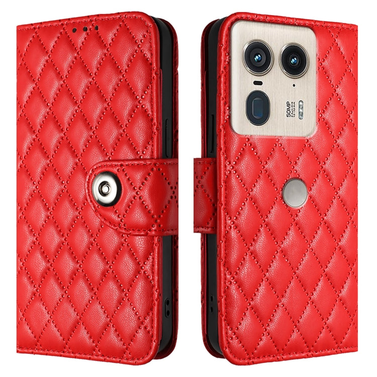 For Motorola Edge 50 Ultra Rhombic Texture Flip Leather Phone Case with Lanyard