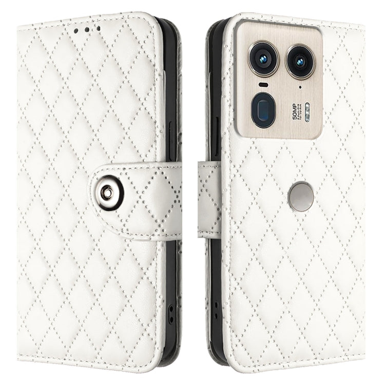 For Motorola Edge 50 Ultra Rhombic Texture Flip Leather Phone Case with Lanyard