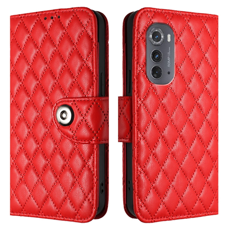 For Motorola Edge 2022 Rhombic Texture Flip Leather Phone Case with Lanyard