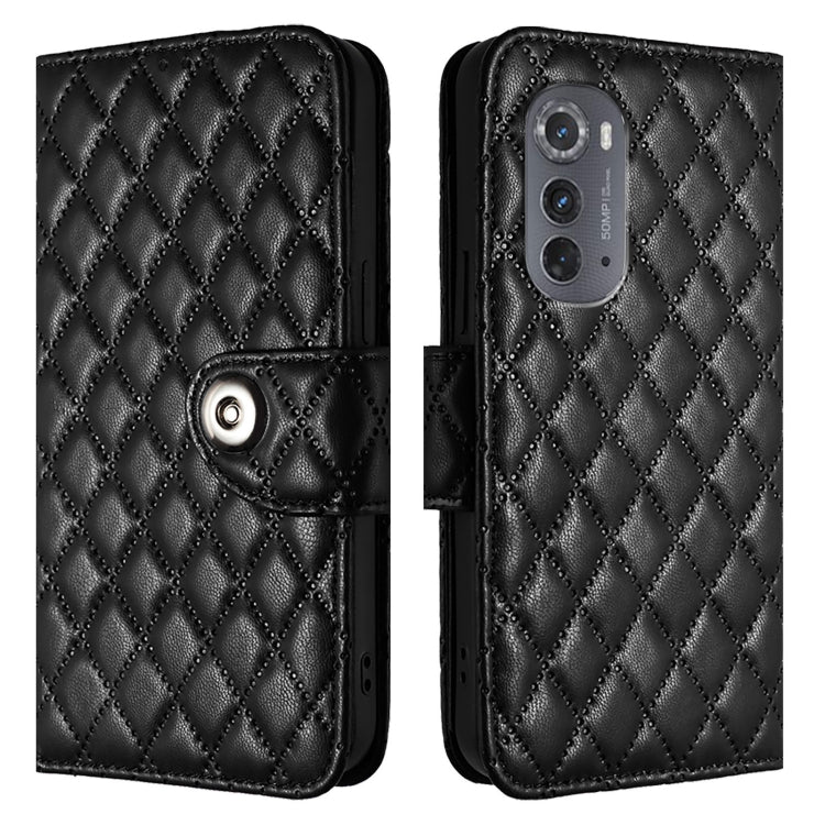 For Motorola Edge 2022 Rhombic Texture Flip Leather Phone Case with Lanyard