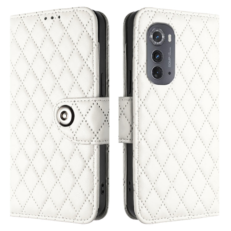 For Motorola Edge 2022 Rhombic Texture Flip Leather Phone Case with Lanyard