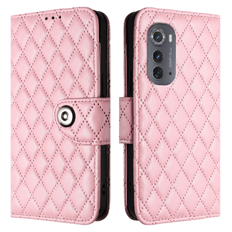 For Motorola Edge 2022 Rhombic Texture Flip Leather Phone Case with Lanyard