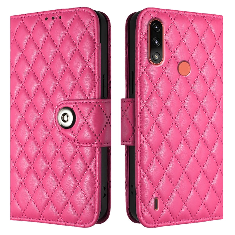 For Motorola Moto E7 Power Rhombic Texture Flip Leather Phone Case with Lanyard