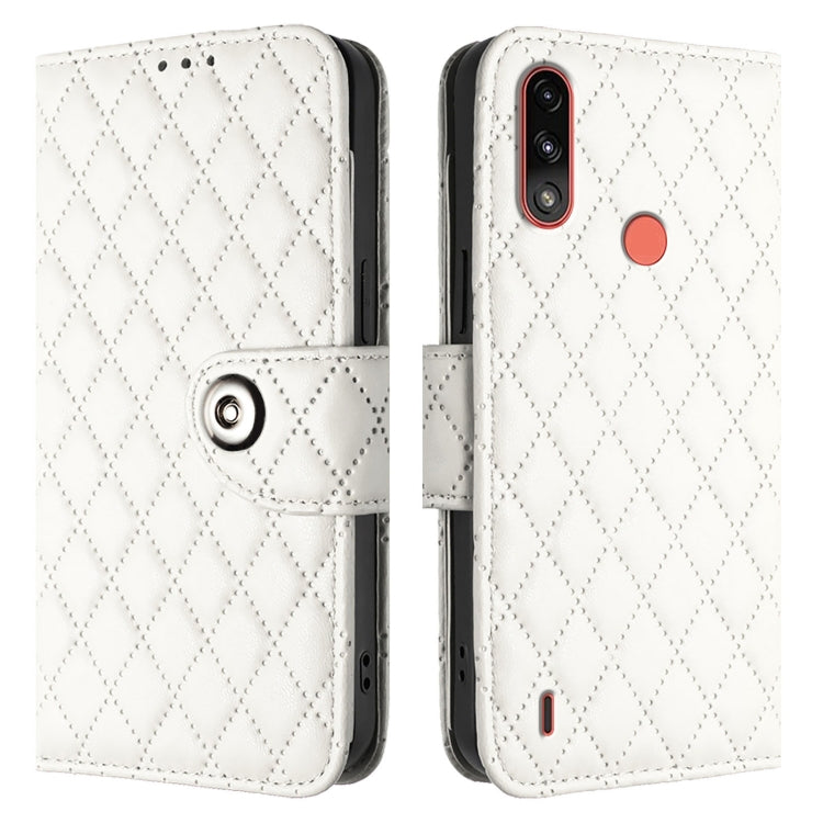 For Motorola Moto E7 Power Rhombic Texture Flip Leather Phone Case with Lanyard