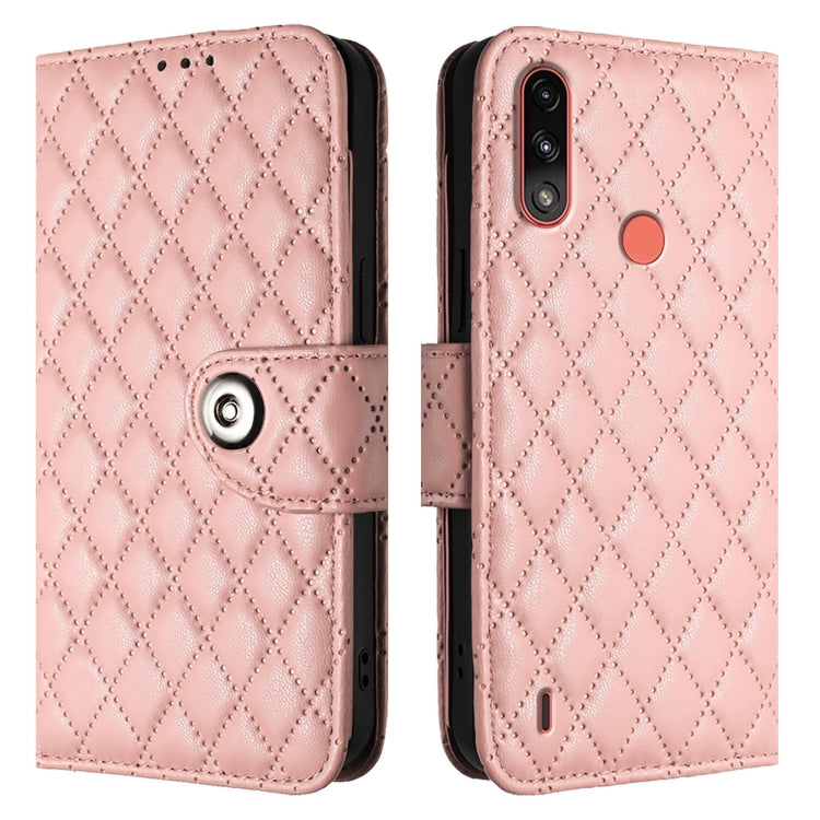 For Motorola Moto E7 Power Rhombic Texture Flip Leather Phone Case with Lanyard