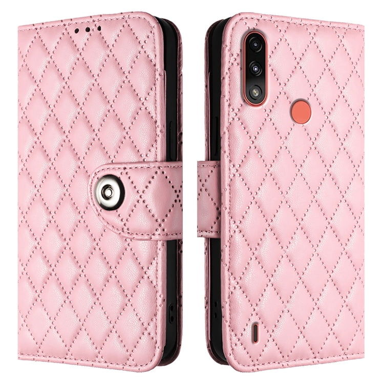 For Motorola Moto E7 Power Rhombic Texture Flip Leather Phone Case with Lanyard