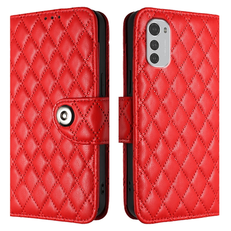 For Motorola Moto E32 4G Global Rhombic Texture Flip Leather Phone Case with Lanyard