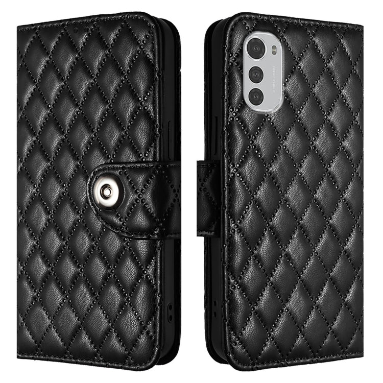 For Motorola Moto E32 4G Global Rhombic Texture Flip Leather Phone Case with Lanyard