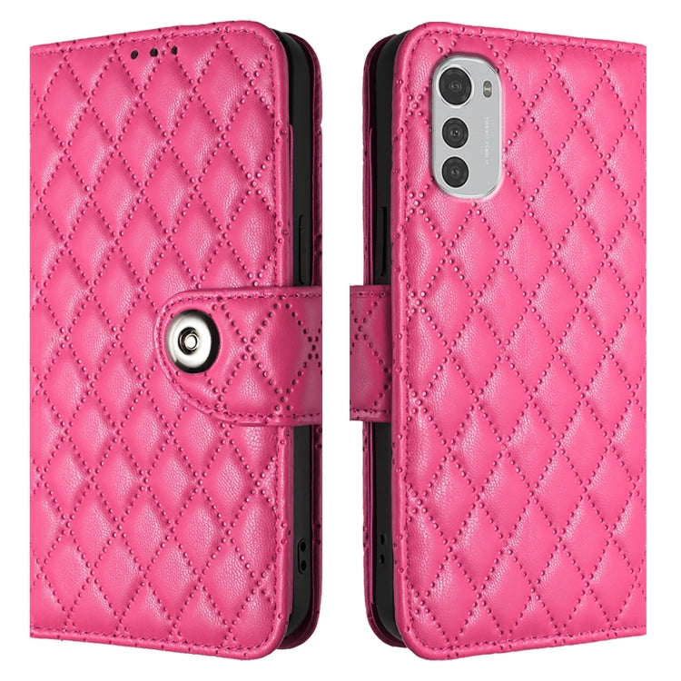 For Motorola Moto E32 4G Global Rhombic Texture Flip Leather Phone Case with Lanyard