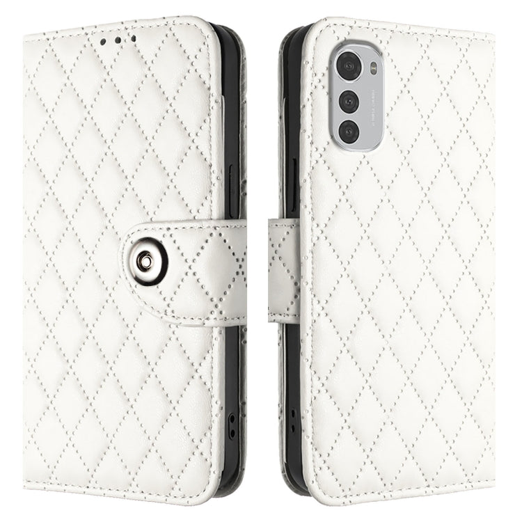 For Motorola Moto E32 4G Global Rhombic Texture Flip Leather Phone Case with Lanyard