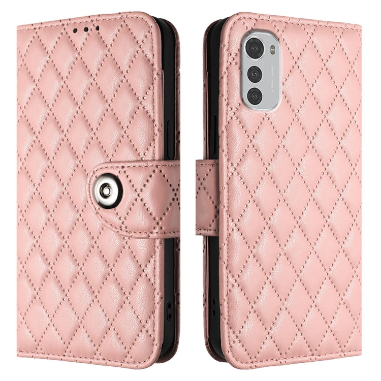 For Motorola Moto E32 4G Global Rhombic Texture Flip Leather Phone Case with Lanyard