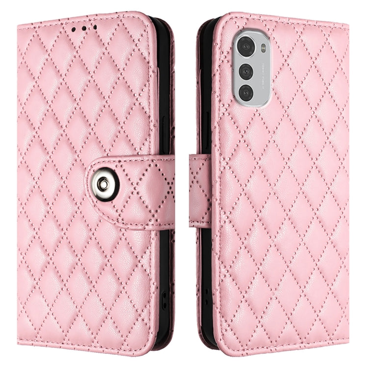 For Motorola Moto E32 4G Global Rhombic Texture Flip Leather Phone Case with Lanyard