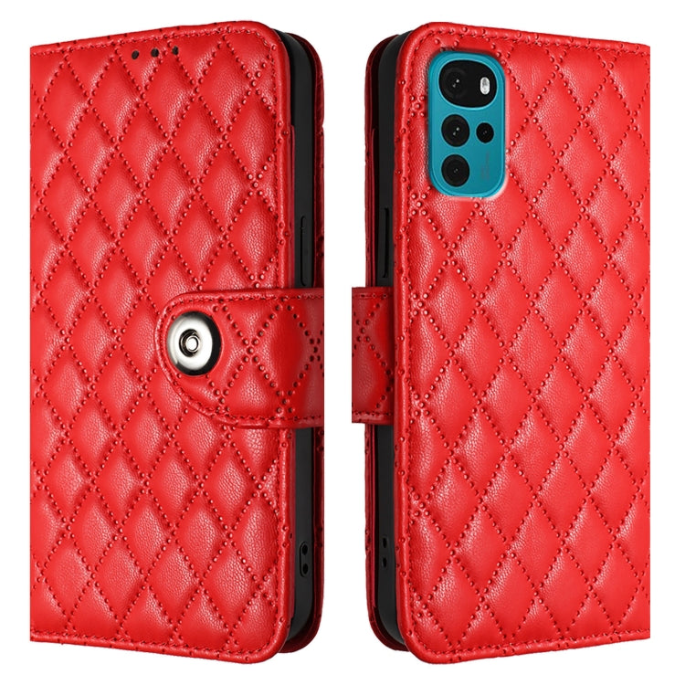 For Motorola Moto E32 India / E32s Rhombic Texture Flip Leather Phone Case with Lanyard