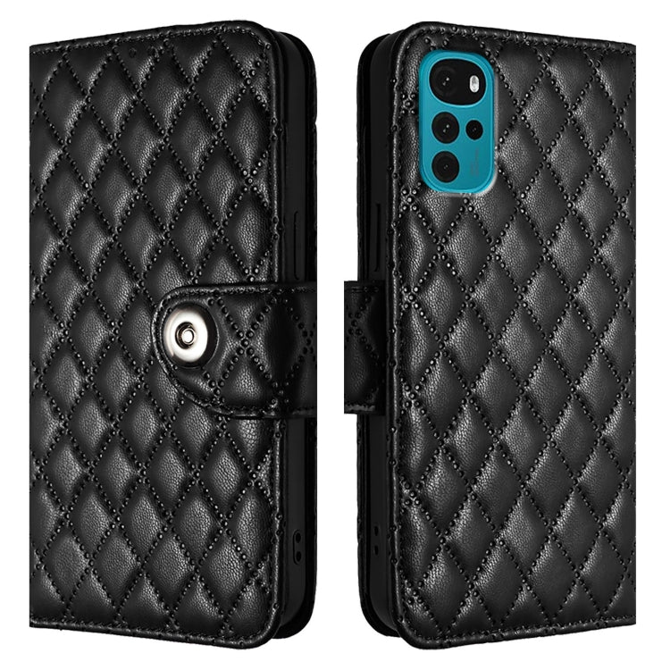 For Motorola Moto E32 India / E32s Rhombic Texture Flip Leather Phone Case with Lanyard