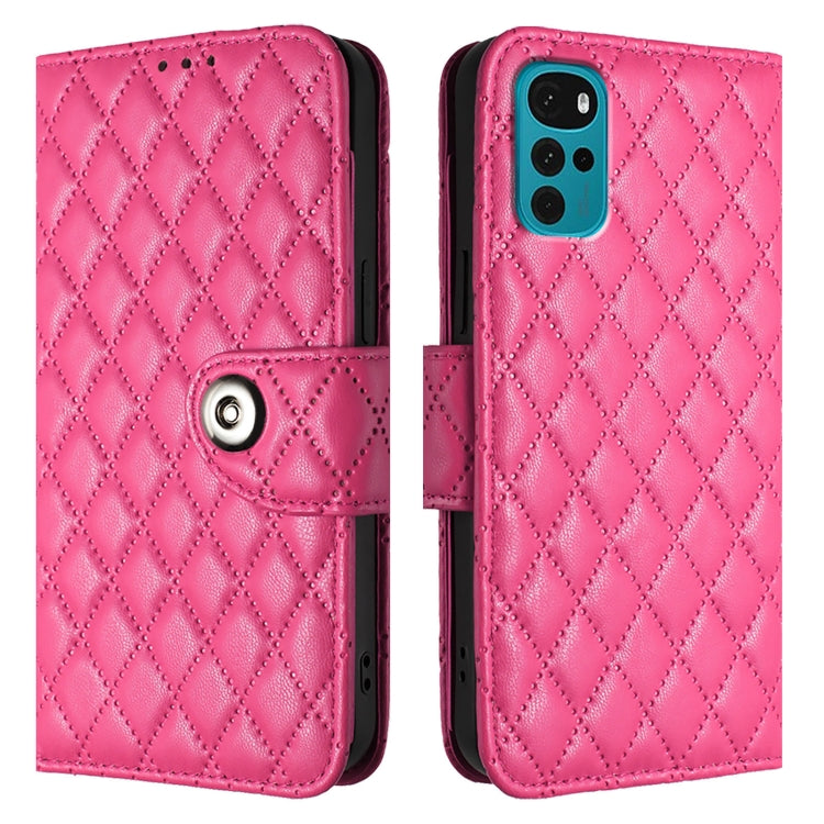 For Motorola Moto E32 India / E32s Rhombic Texture Flip Leather Phone Case with Lanyard