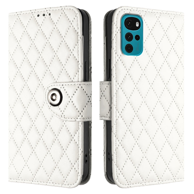 For Motorola Moto E32 India / E32s Rhombic Texture Flip Leather Phone Case with Lanyard