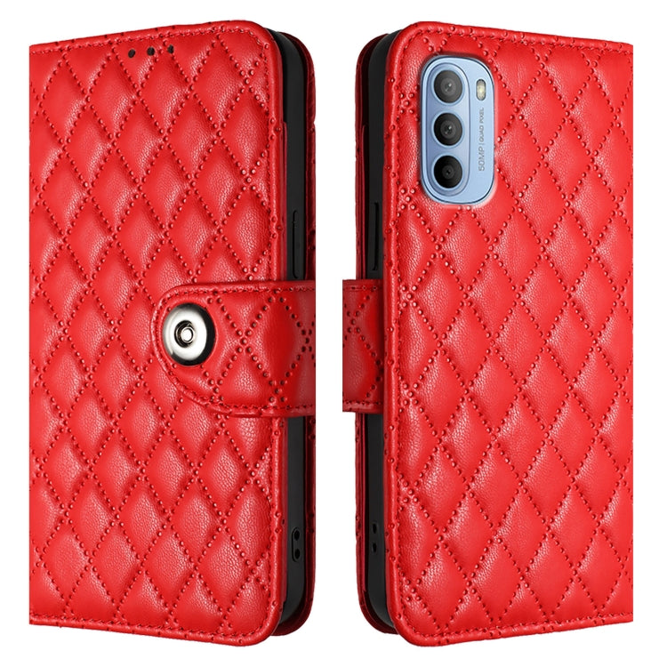 For Motorola Moto G31 / G41 Rhombic Texture Flip Leather Phone Case with Lanyard