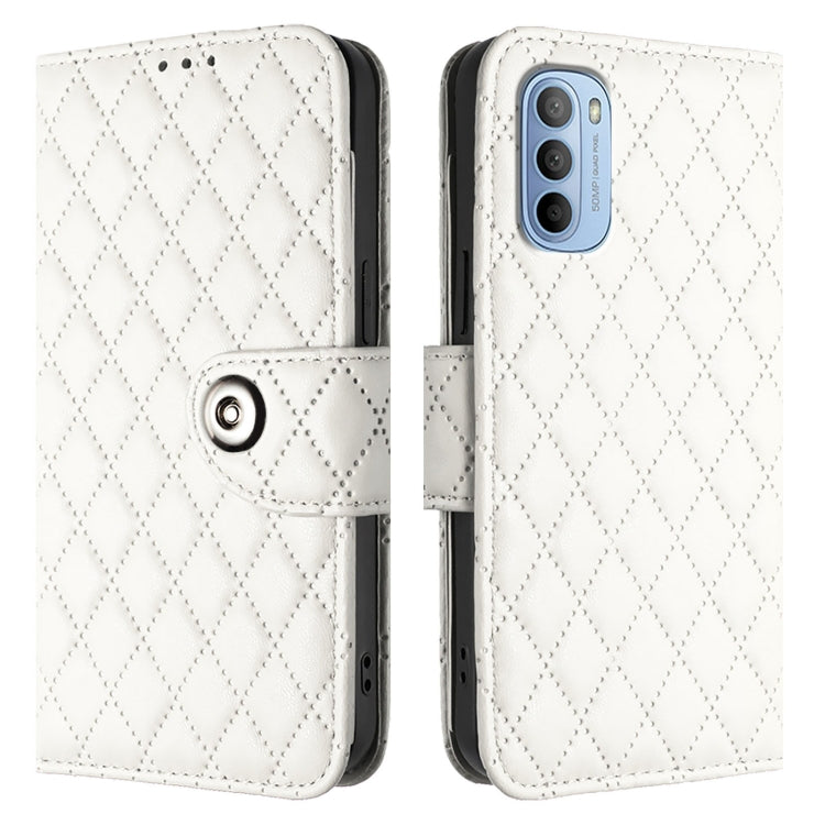 For Motorola Moto G31 / G41 Rhombic Texture Flip Leather Phone Case with Lanyard
