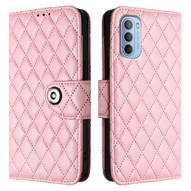 For Motorola Moto G31 / G41 Rhombic Texture Flip Leather Phone Case with Lanyard