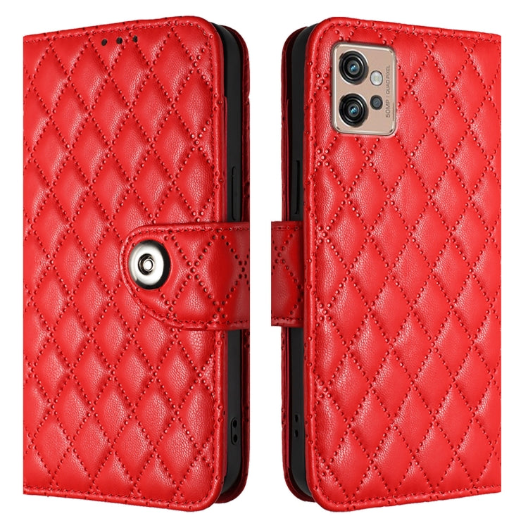 For Motorola Moto G32 Rhombic Texture Flip Leather Phone Case with Lanyard