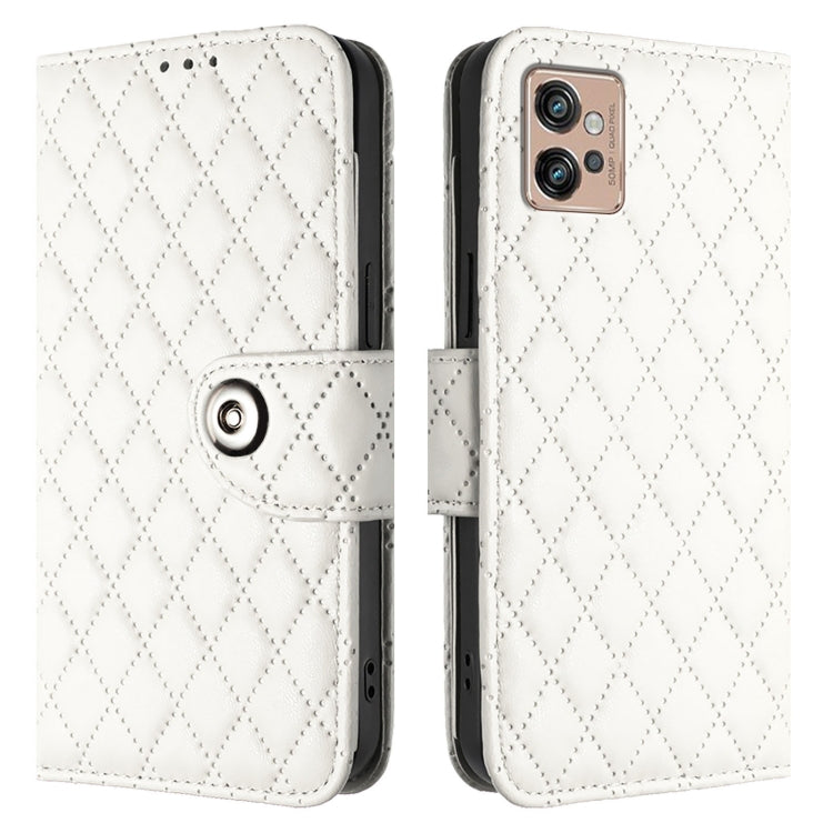 For Motorola Moto G32 Rhombic Texture Flip Leather Phone Case with Lanyard