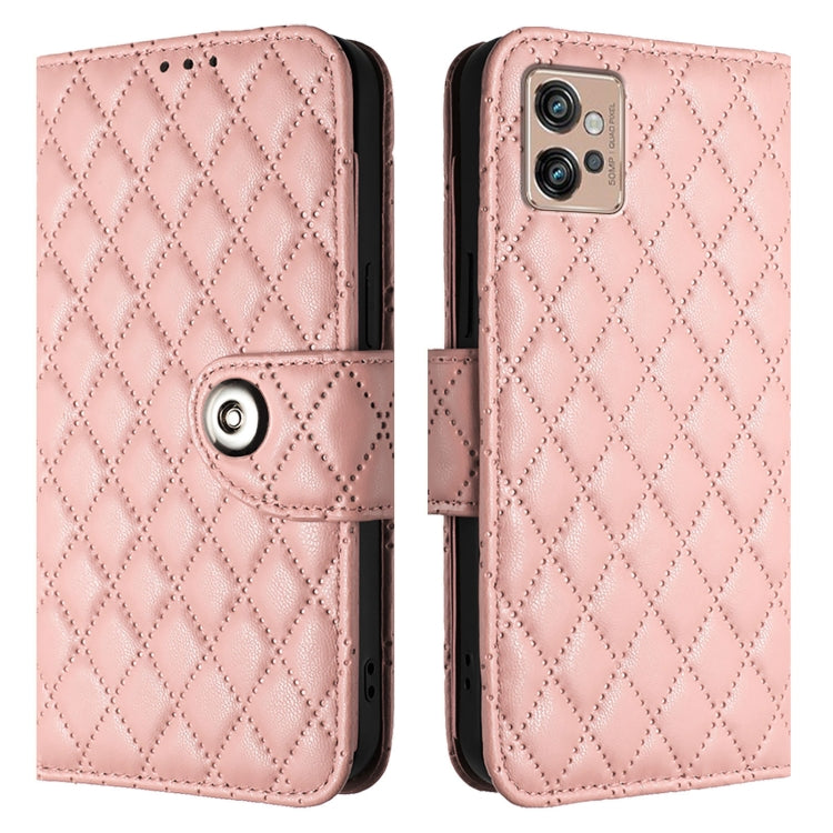 For Motorola Moto G32 Rhombic Texture Flip Leather Phone Case with Lanyard