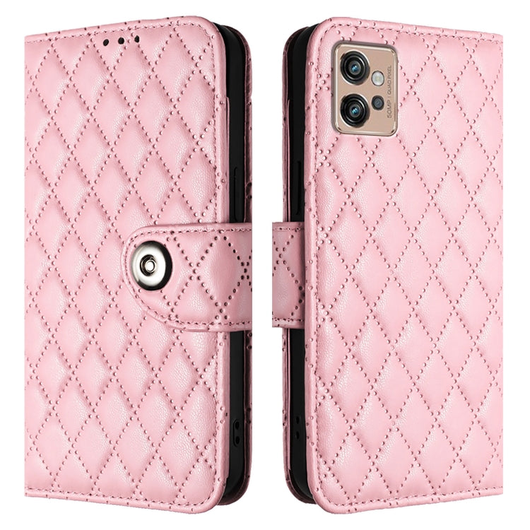 For Motorola Moto G32 Rhombic Texture Flip Leather Phone Case with Lanyard