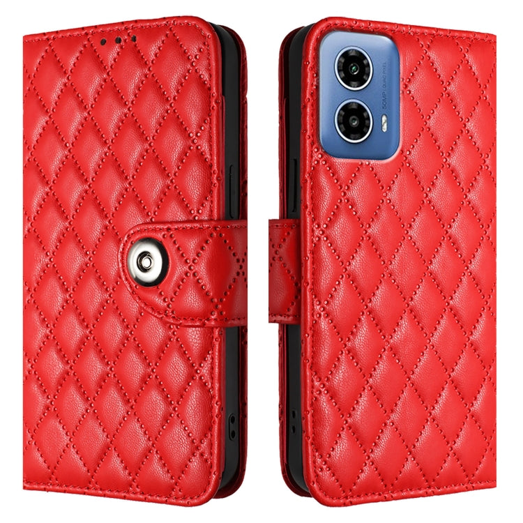 For Motorola Moto G34 Rhombic Texture Flip Leather Phone Case with Lanyard
