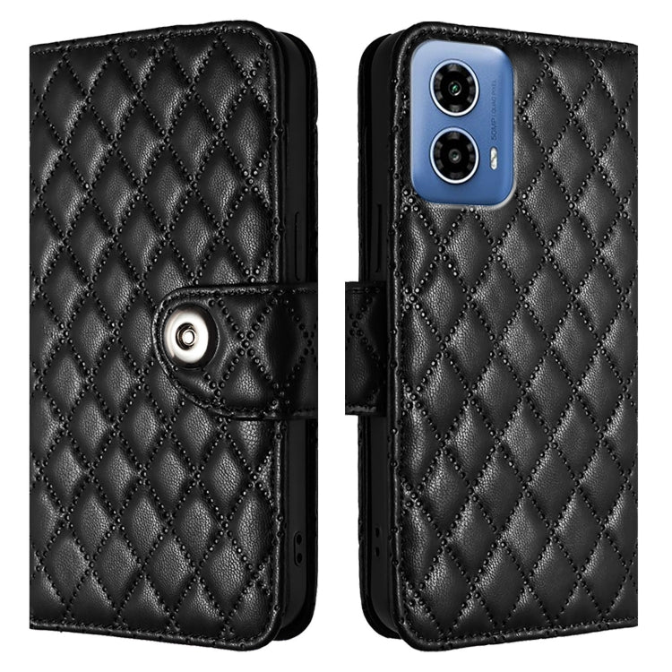 For Motorola Moto G34 Rhombic Texture Flip Leather Phone Case with Lanyard