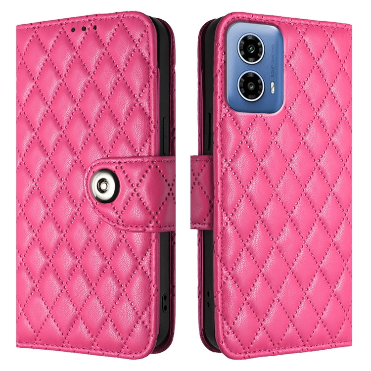 For Motorola Moto G34 Rhombic Texture Flip Leather Phone Case with Lanyard