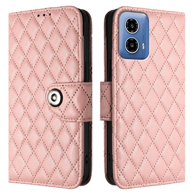 For Motorola Moto G34 Rhombic Texture Flip Leather Phone Case with Lanyard