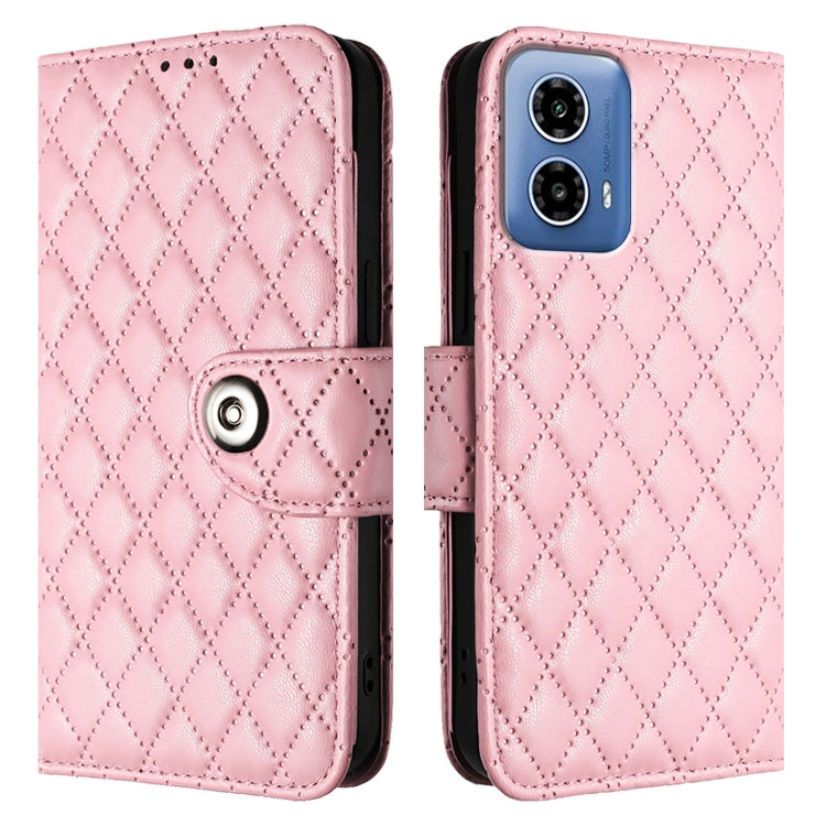 For Motorola Moto G34 Rhombic Texture Flip Leather Phone Case with Lanyard
