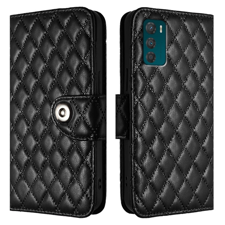 For Motorola Moto G42 Rhombic Texture Flip Leather Phone Case with Lanyard